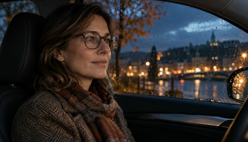 Femme portant des lunettes de vue dans une voiture à la tombée du jour